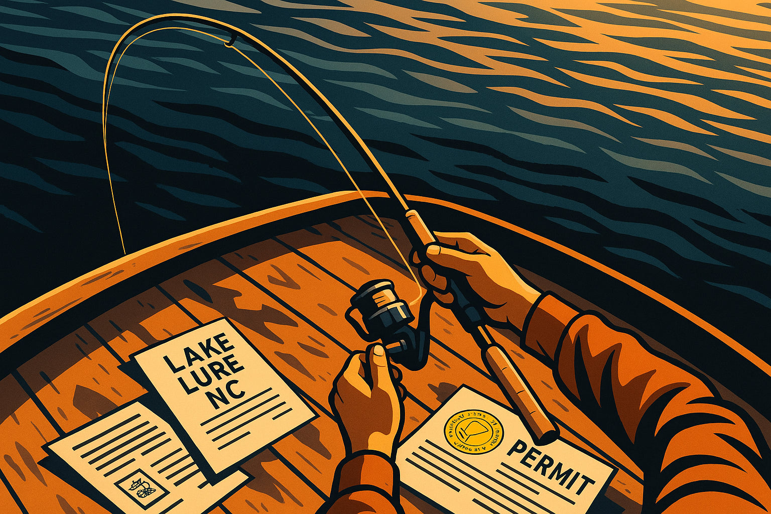 Overhead view of angler bending fishing rod on boat deck with documents and permit stamps.