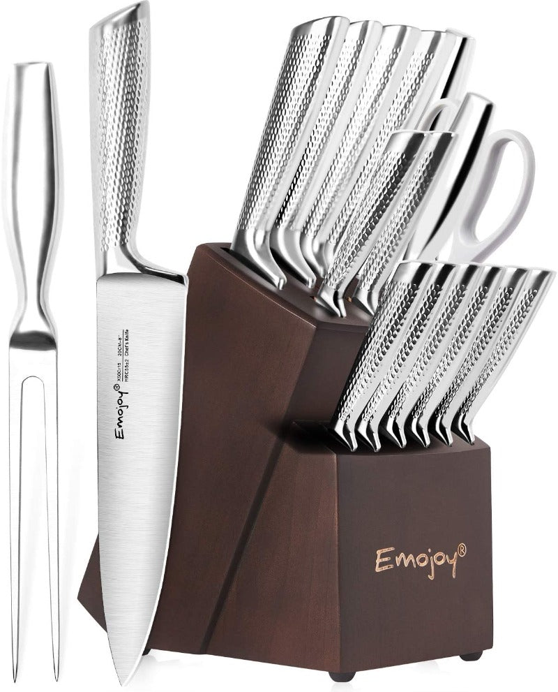 TUO Knife Set 8pcs, Japanese Kitchen Chef Knives Set with Wooden Block,  including Honing Steel and Shears, Forged German HC Steel with comfortable