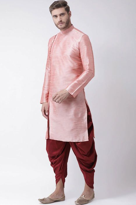 Buy Men's Art Silk Solid Kurta Set in Pink Online - Front
