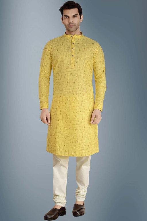 Buy Men's Blended Cotton Abstract Print Kurta Churidar in Yellow