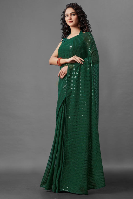 Buy Bottle Green Sequin Work Georgette Saree Online