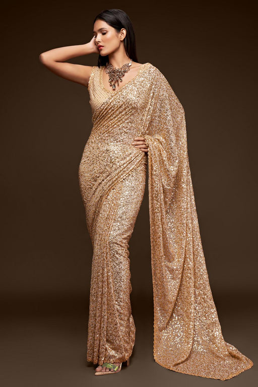 Buy Faux Georgette Sequance Saree in Beige