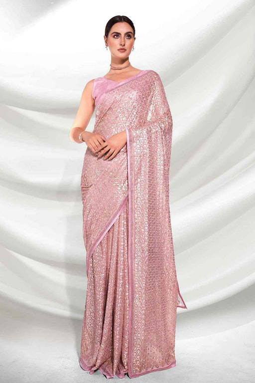 Bollywood Style Heavy Georgette Pink Shimmery Sequin Work Saree – Lady India