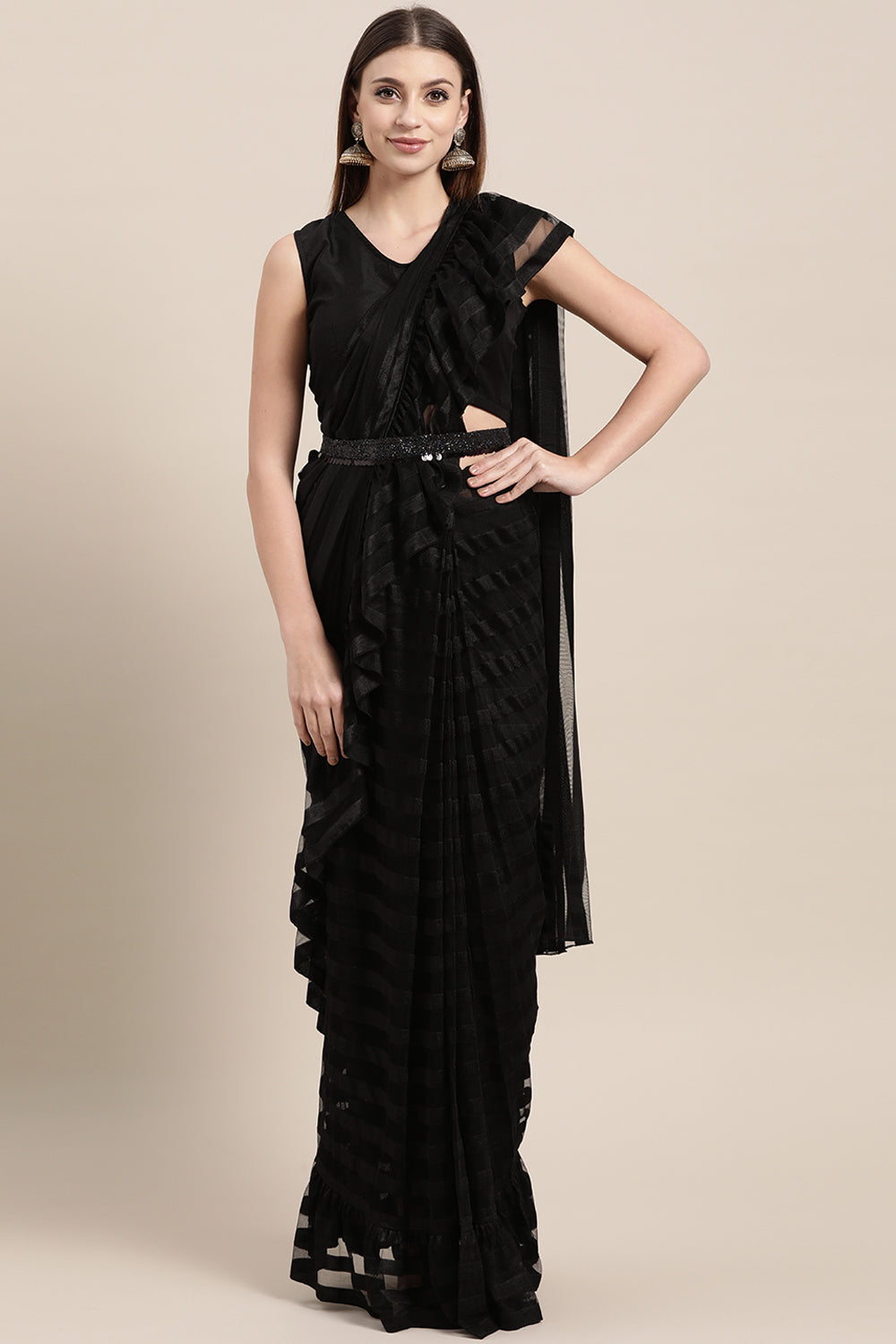 Polyester Printed Ready Made Saree in Black – KARMAPLACE.COM