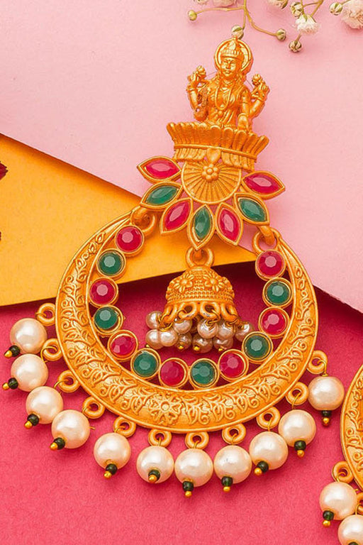 22K Gold Drop Earrings (Chand Bali) With Cz, Ruby , Emeralds & Culture  Pearls - 235-GER10590 in 16.200 Grams