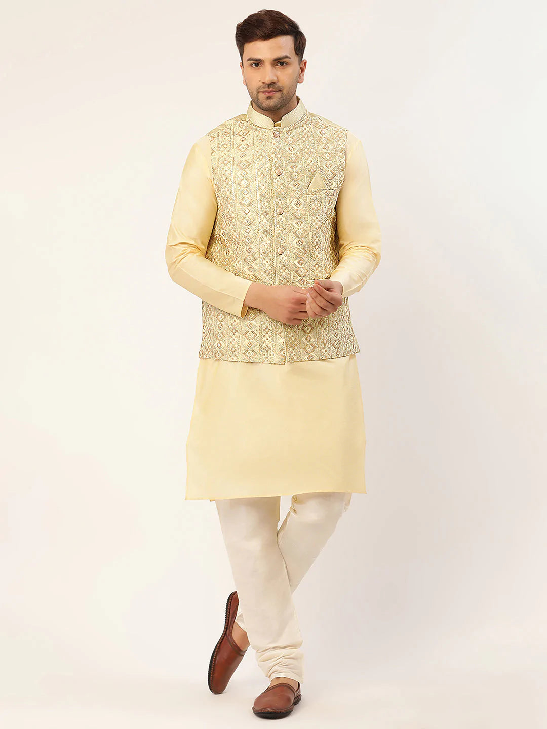 Buy Men's Pista Silk Embroidered Kurta Set with Jacket Online