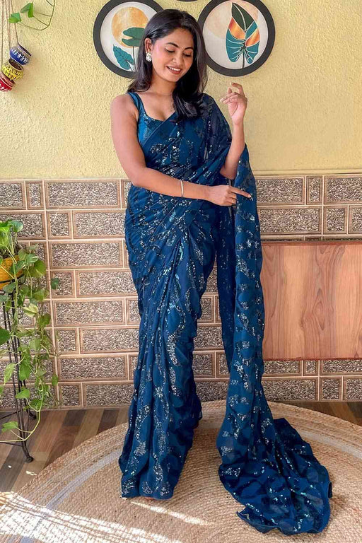 Buy Blue Sequin Vastra Georgette Embroidered Saree Online- Kreeva