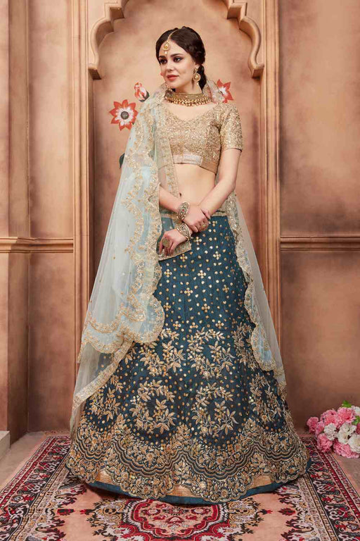 Teal Blue Color Wedding Wear Silk Thread Work Lehenga Choli – fashionnaari