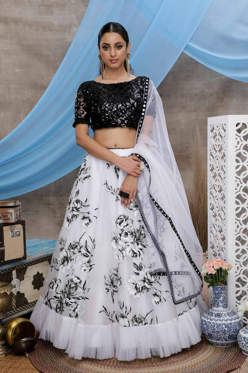 Black Lehenga Set with Multi-Coloured Thread Work and Mirror Embroidery -  Seasons India