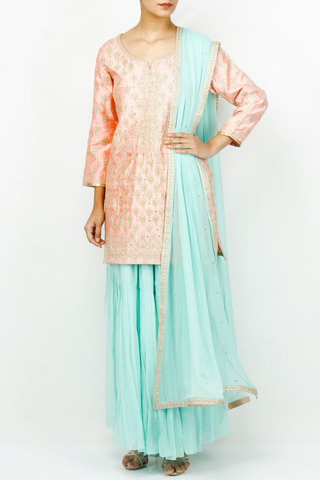 Art Silk Embroidered Suit Set in Pink