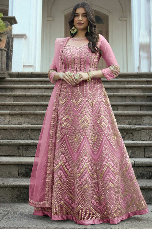 Pink Net Embroidered Anarkali Suit with Dupatta - AS3163