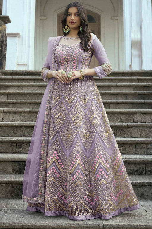 Purple Color Georgette Fabric Embroidery Work Reception Wear Fancy Anarkali  Dress