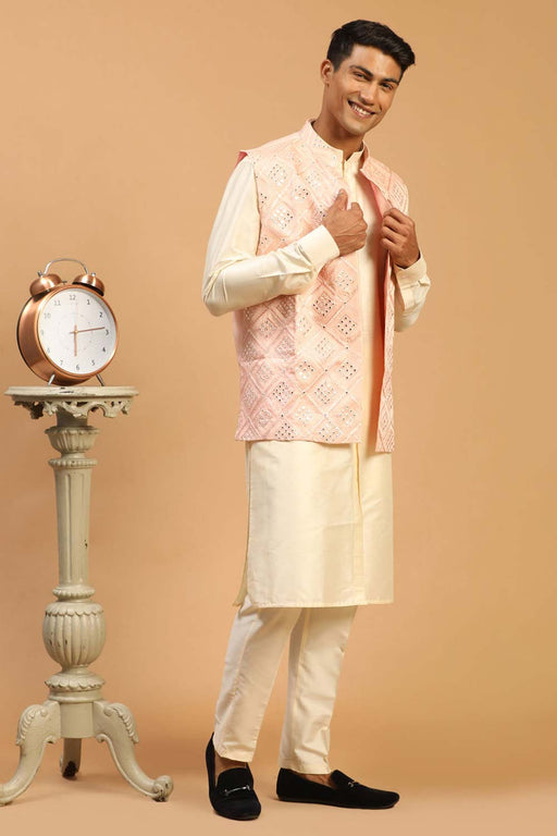 Fascinate Silk Fabric Function Wear Cream Kurta Pyjama With Cream Colo