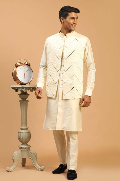 Set of 3 - Safeda Cotton Kurta & Pyjama with Grey Nehru Jacket – TJORI