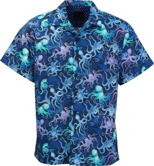 Italian Navy Octopus Print Rayon Camp Shirt Shirt