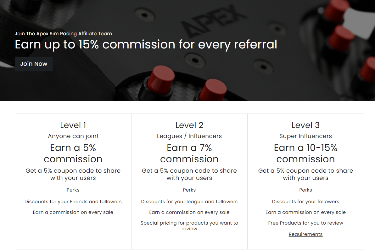 Apex Sim Racing affiliate sign up page 