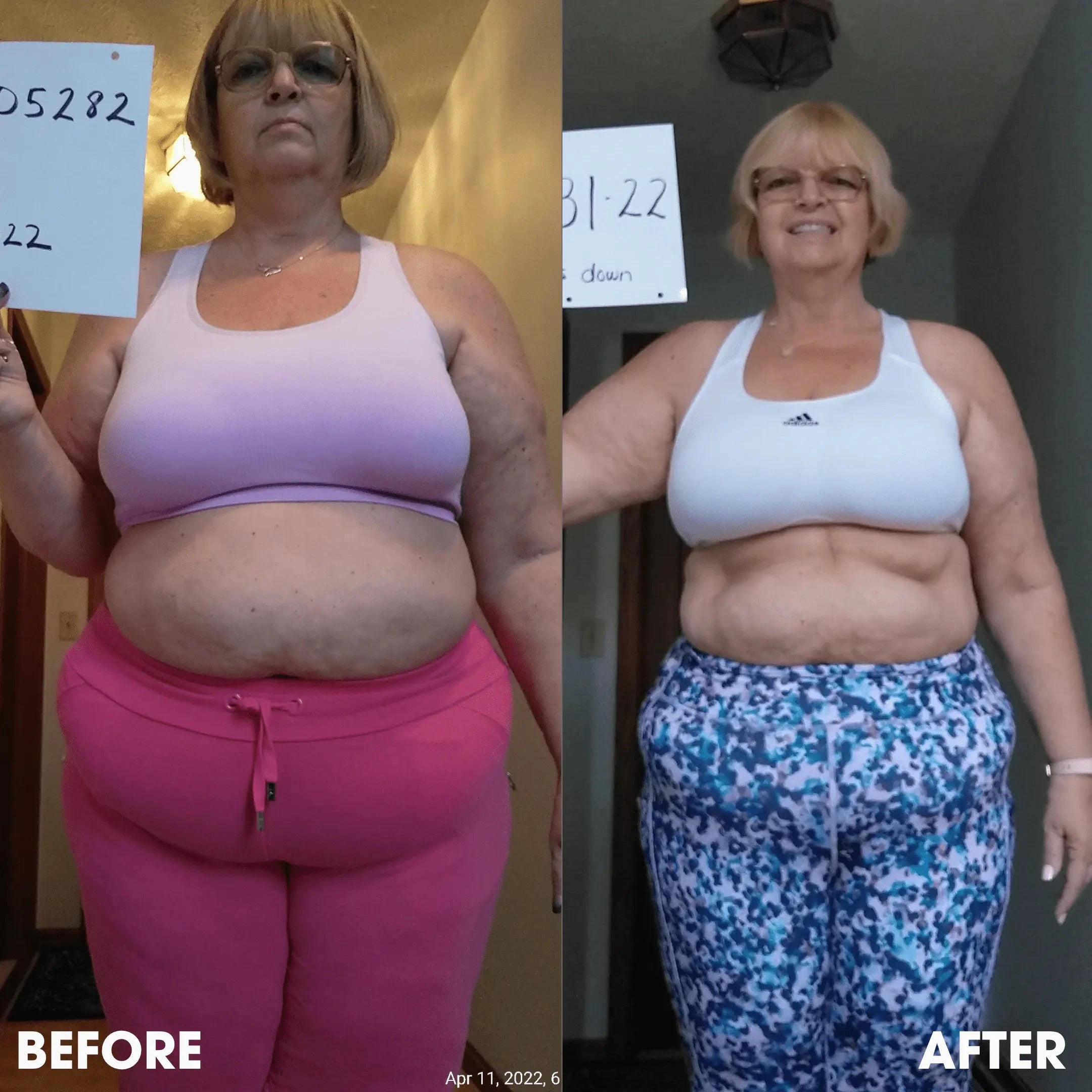 Side-by-side before and after weight loss comparison of a woman in workout clothes.