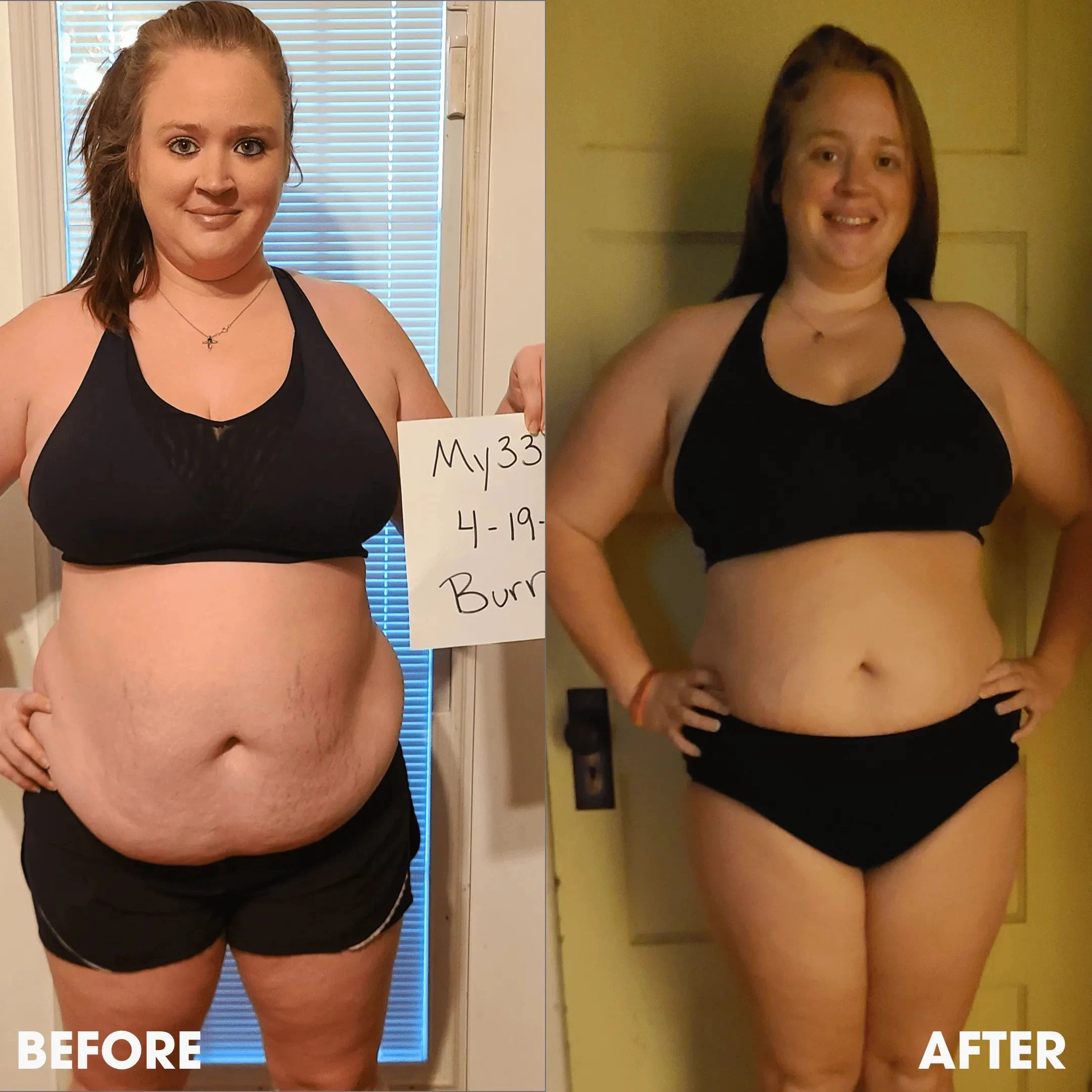 Two side-by-side photos showing weight loss progress, labeled 'Before' and 'After.'