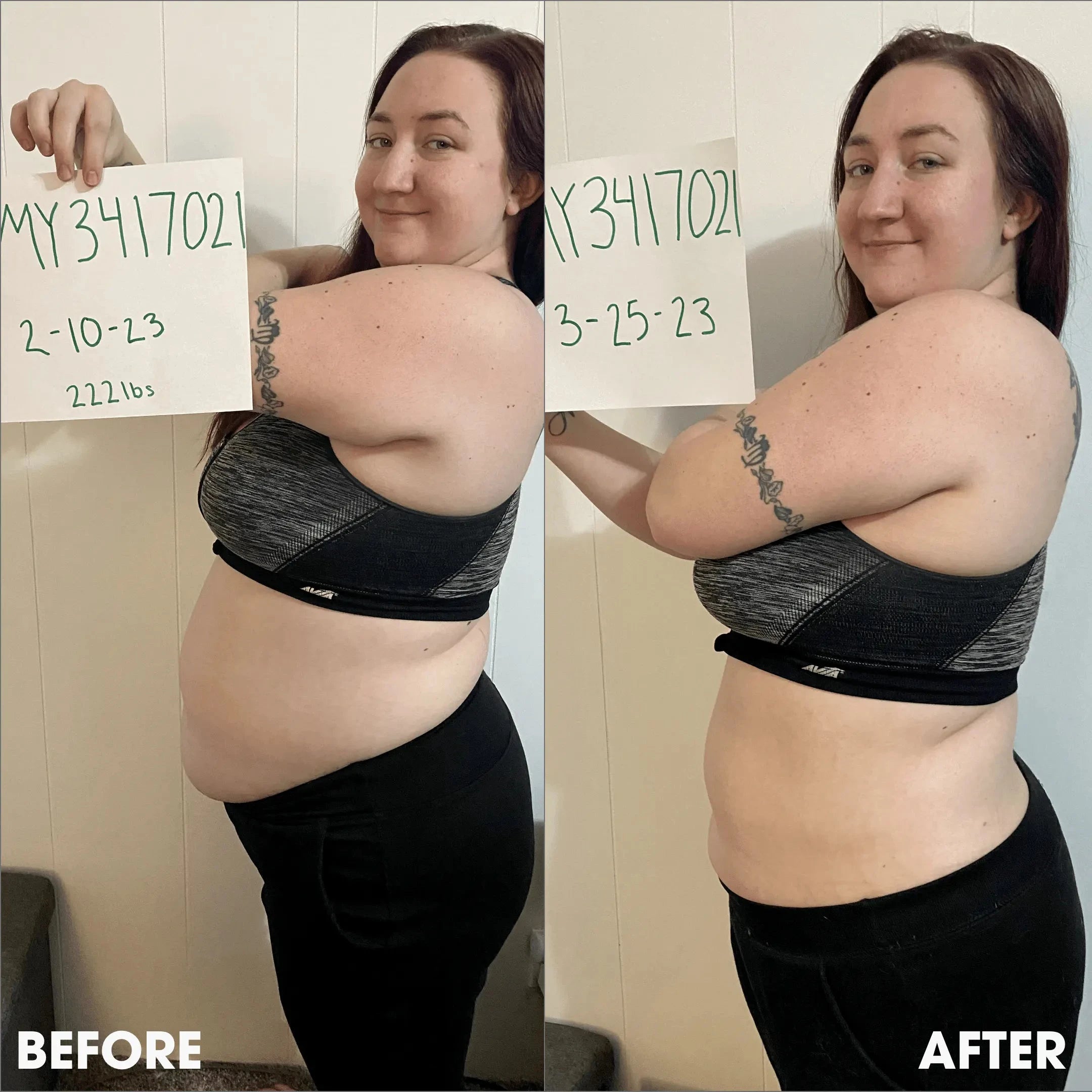 Two side-by-side before and after photos showing weight loss progress.