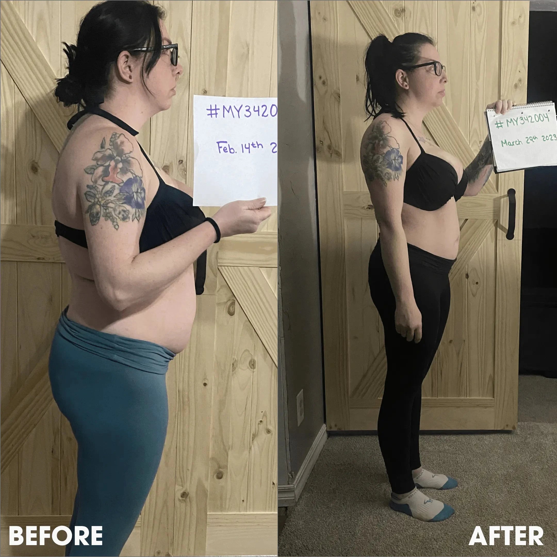 Side-by-side before and after weight loss photos of a woman.
