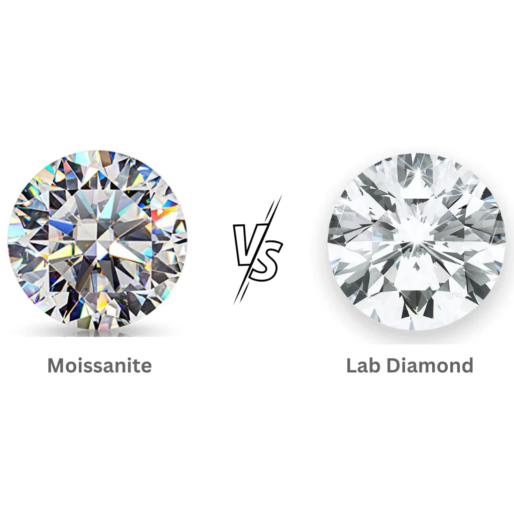 Side-by-side comparison of a round cut moissanite and a lab grown diamond showing differences in brilliance and sparkle