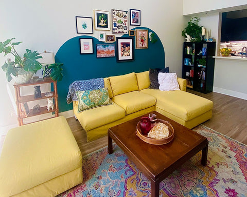 Colorful Boho Living Room Yellow Couch Teal Accents