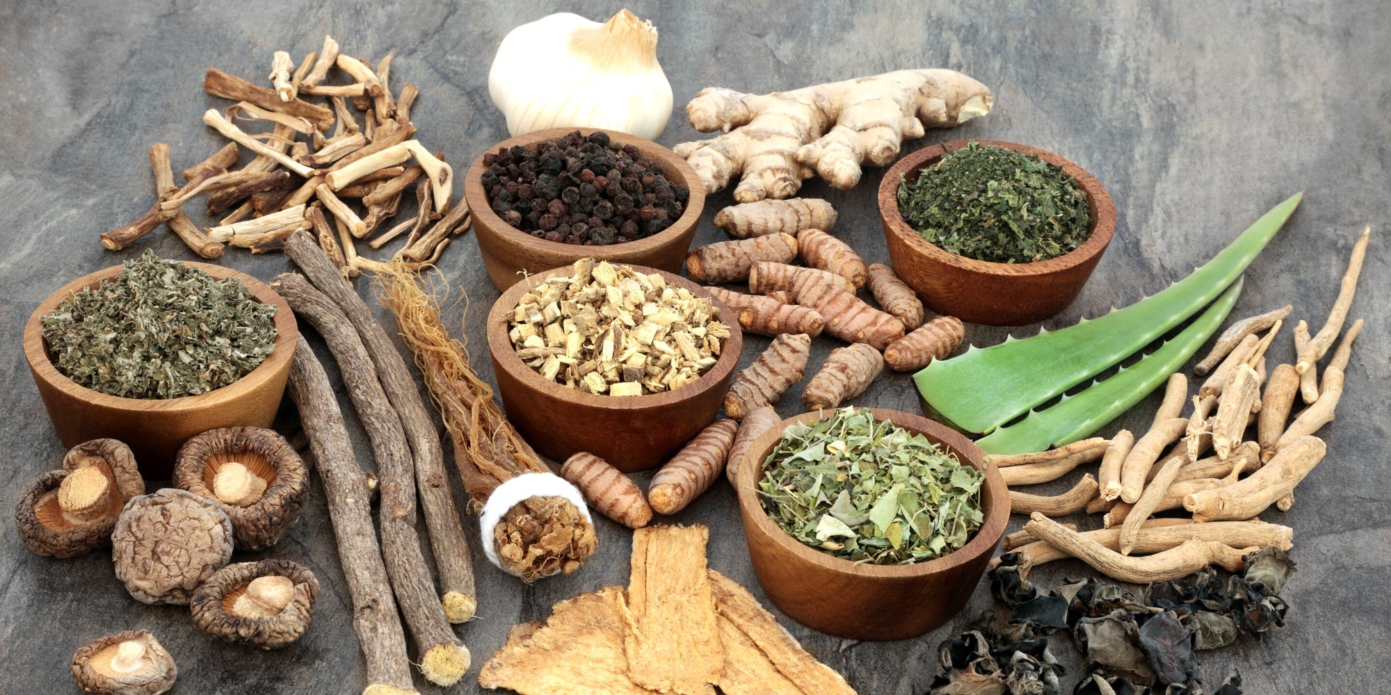 Adaptogen food selection with herbs and spices.