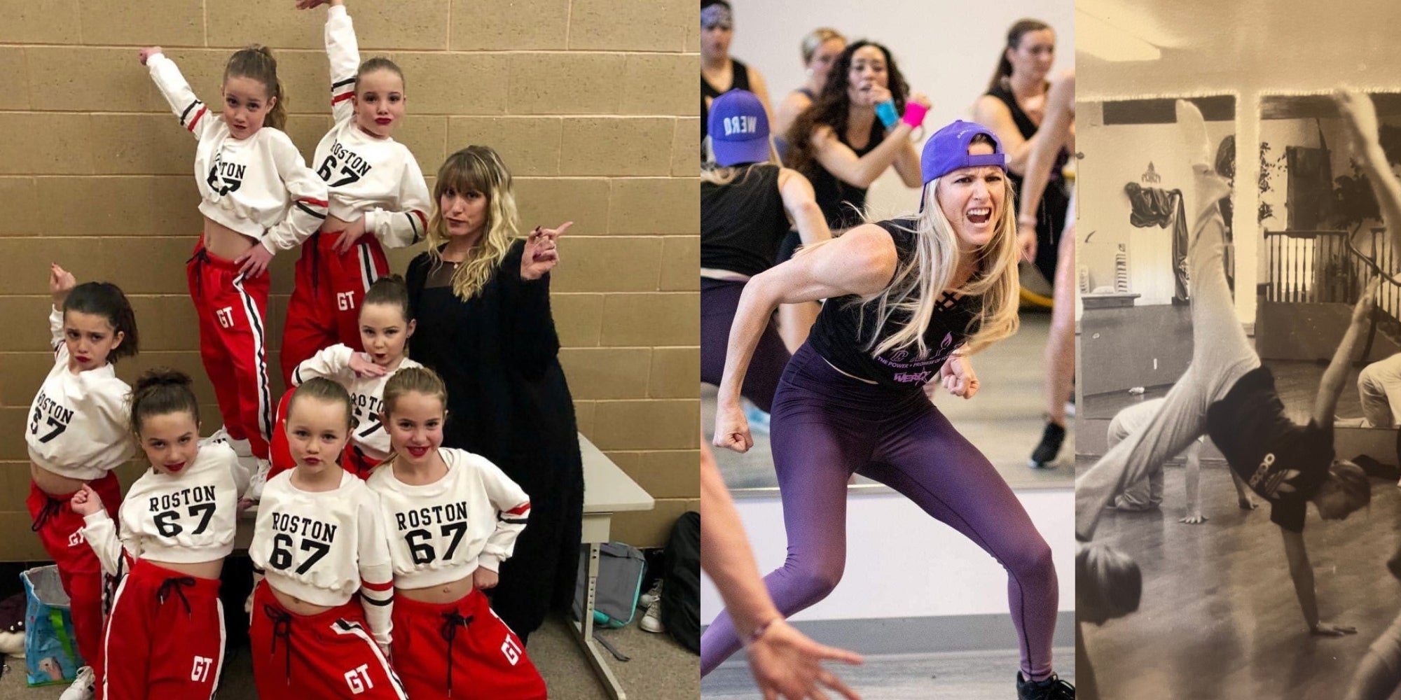 Three pictures of Jenny, one with her students