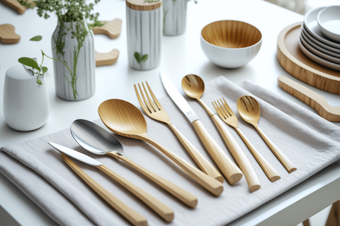 bamboo cutlery set on a kitchen table