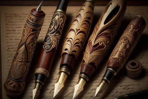 handmade, wooden fountain pens on a paper 