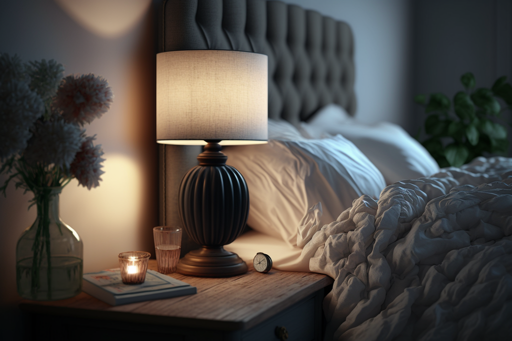 the bedroom table lamp in a cozy bedroom 