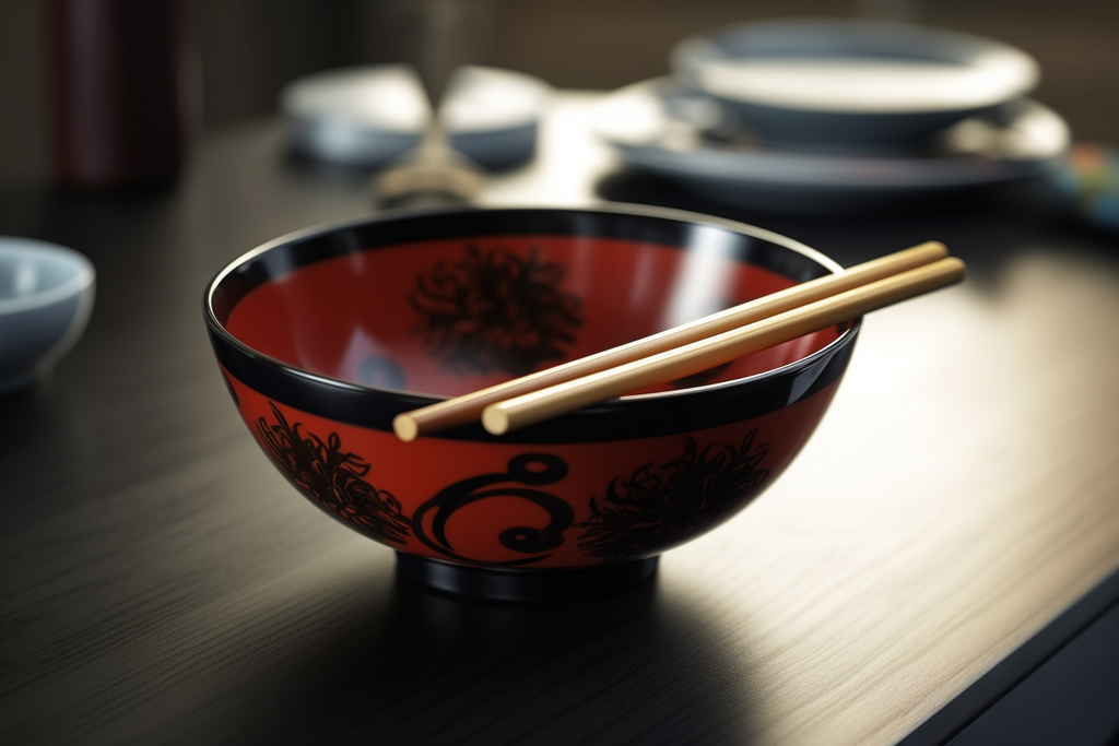 a ceramic bowl and chopsticks