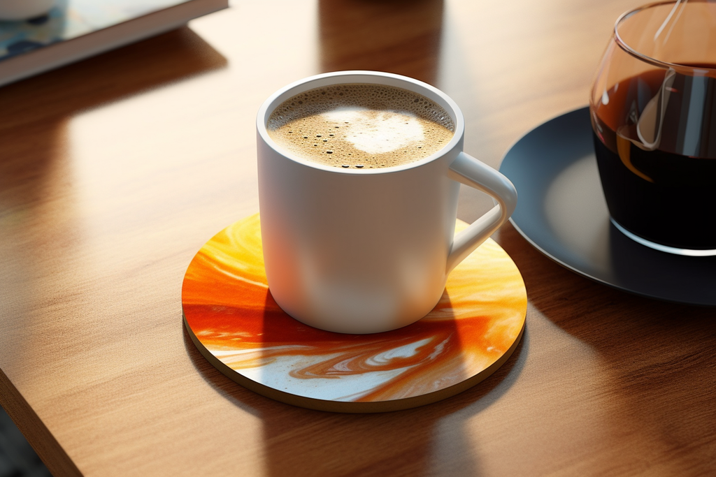 a cup of coffee and a coaster on the table