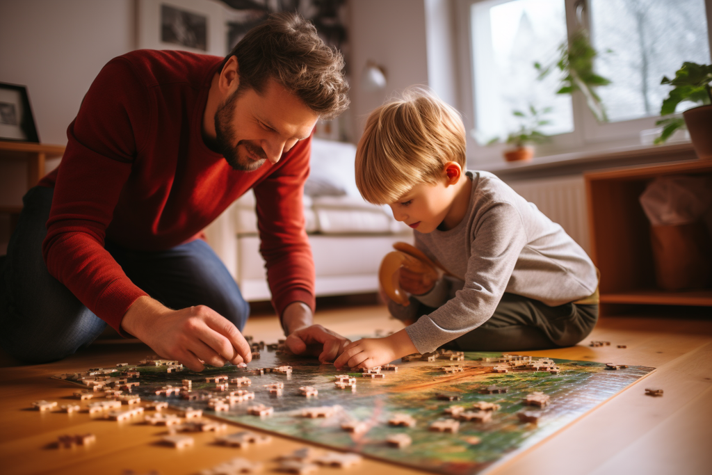 a dad and his son are solving a jigsaw puzzle