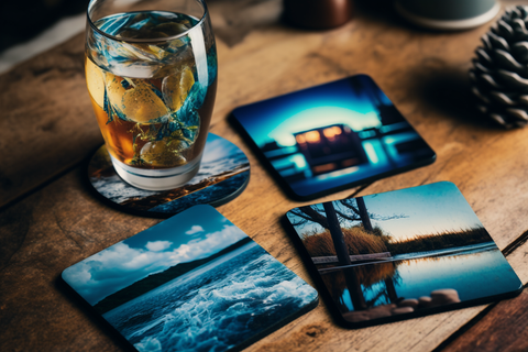 the drink coasters with the photos