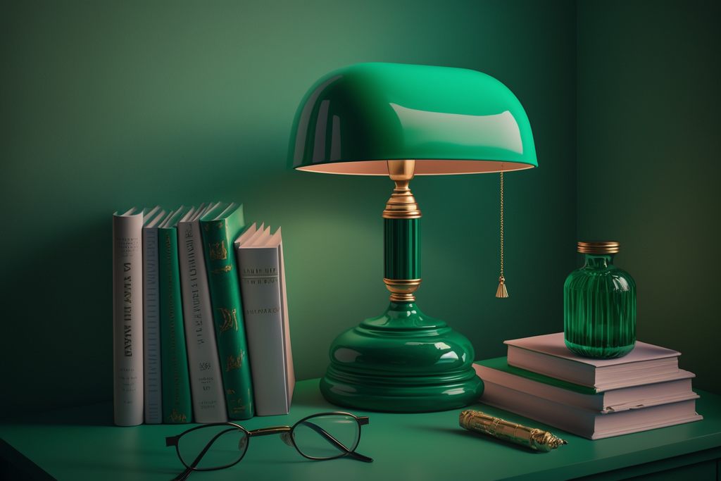 emerald green banker’s lamp and the books on a table