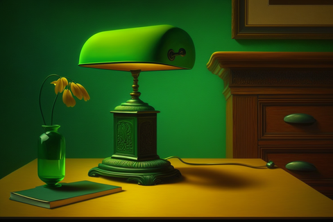 emerald green banker’s lamp on a yellow table 