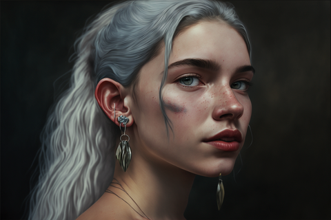 a girl with a white hair and earrings