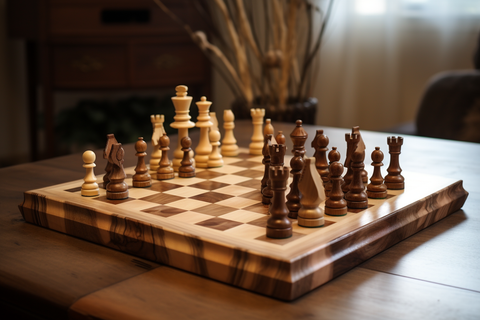 a handmade wooden chess board 