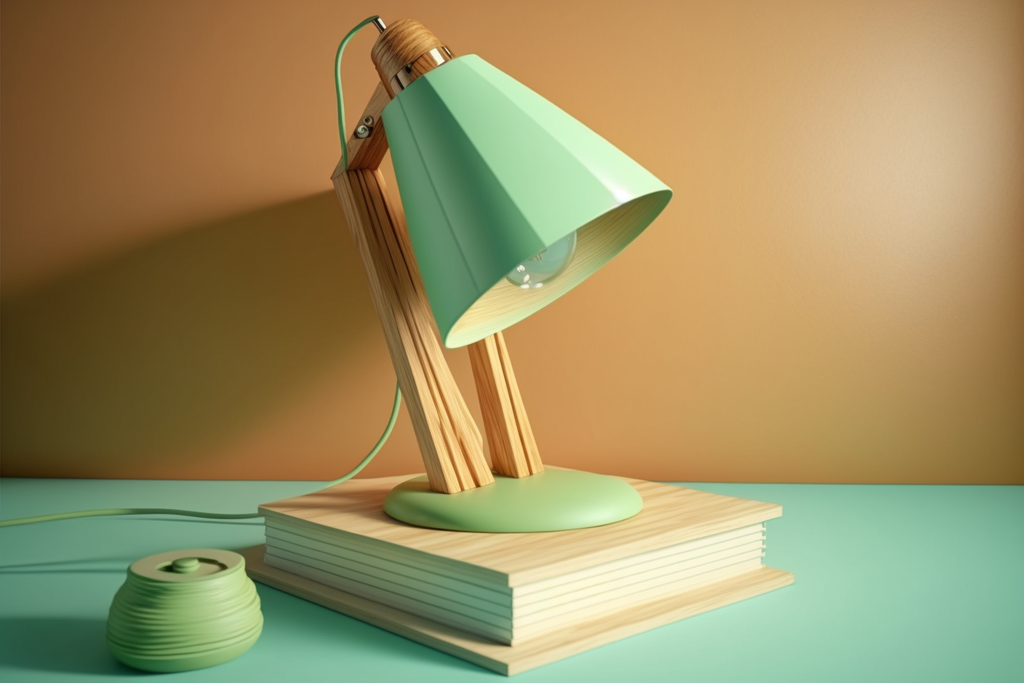 led wooden table lamp on a light green surface