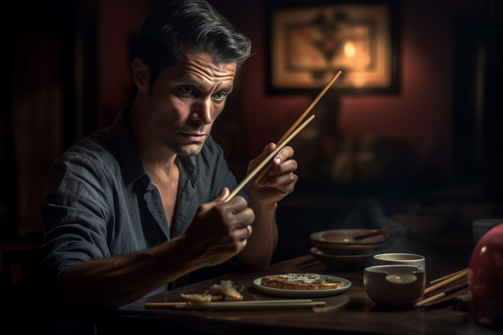 a brunette man eating with chopsticks