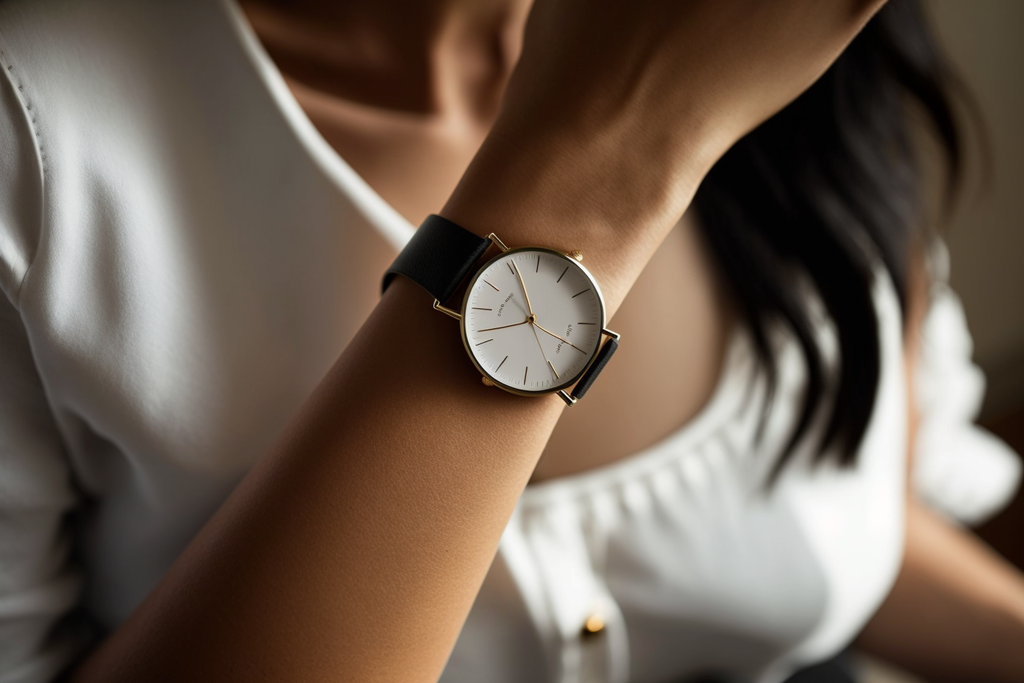 casual, minimalist watch on a woman's wrist