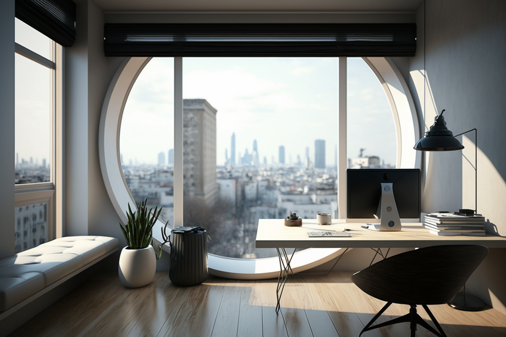 modern office interior, with a big window and city view