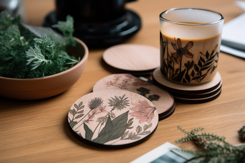 plant printed wooden coasters with a cup of coffee