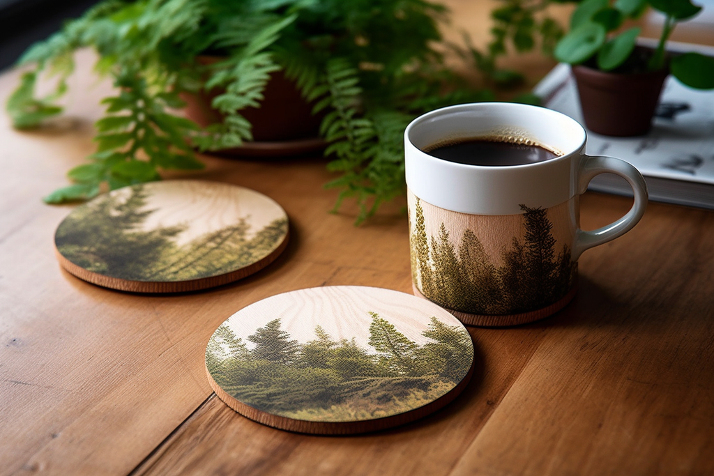 two wooden coasters with a cup of coffee 