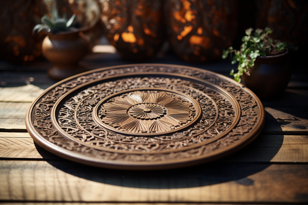 a wooden plate with ornaments