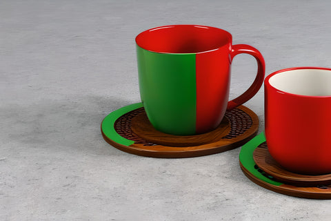 the red and green cups  with a wooden coasters