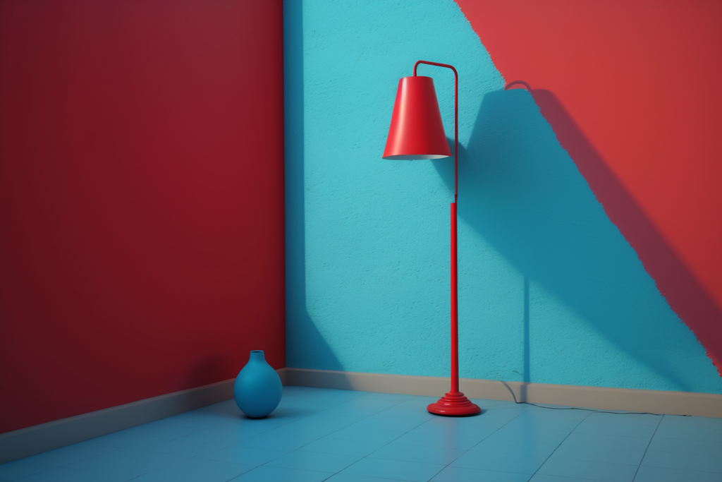 the red floor lamp and a light blue wall