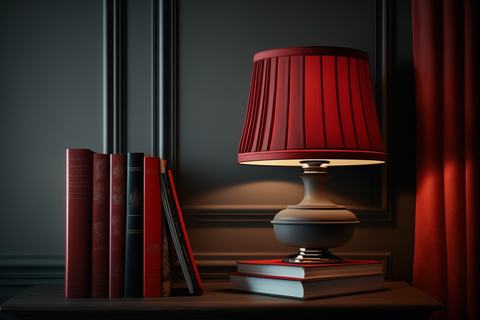 the red table lamp and the books