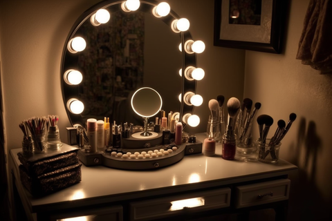 vanity lights and a round mirror